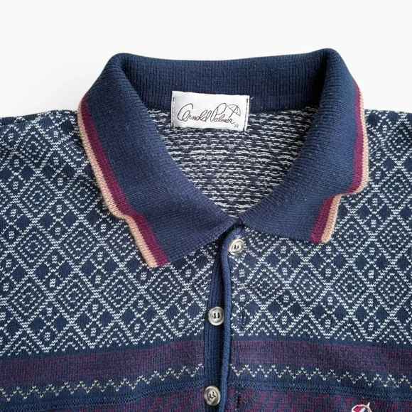 VTG Arnold Palmer Men’s Medium Knit Polo Sweater Navy Geometric Grandpa Core - Picture 5 of 9